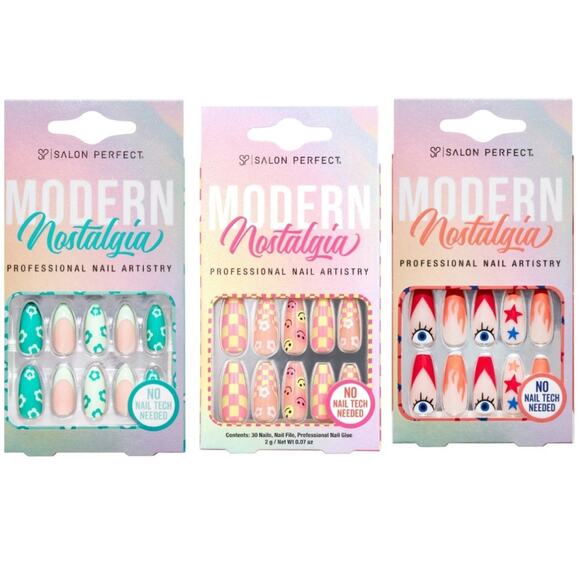 3 pack Bundle Salon Perfect Press On Nails Modern Nostalgia Y2K Checkers, Daisy - Picture 1 of 4